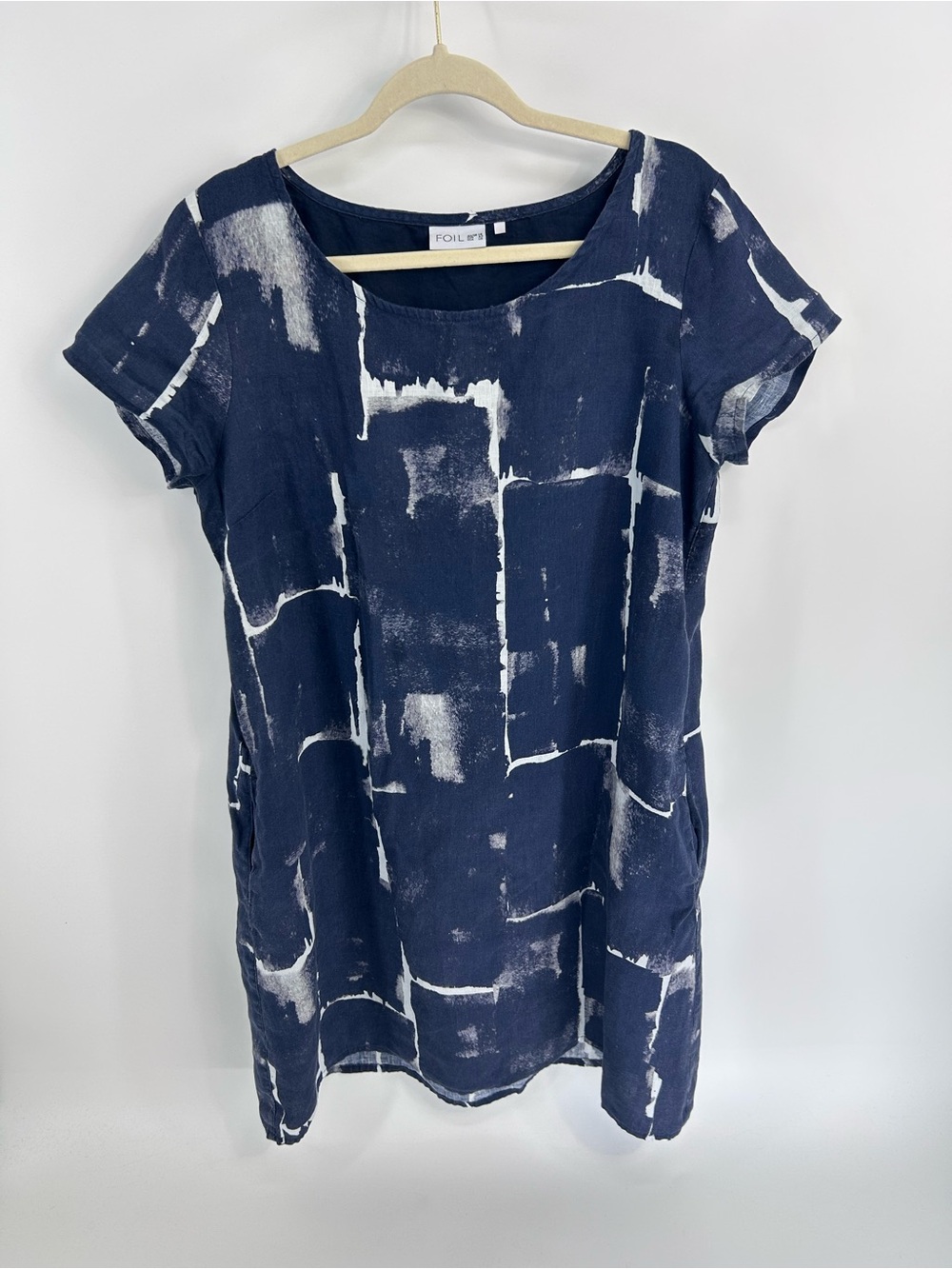 Foil Linen Navy White Abstract Print Dress - US 10